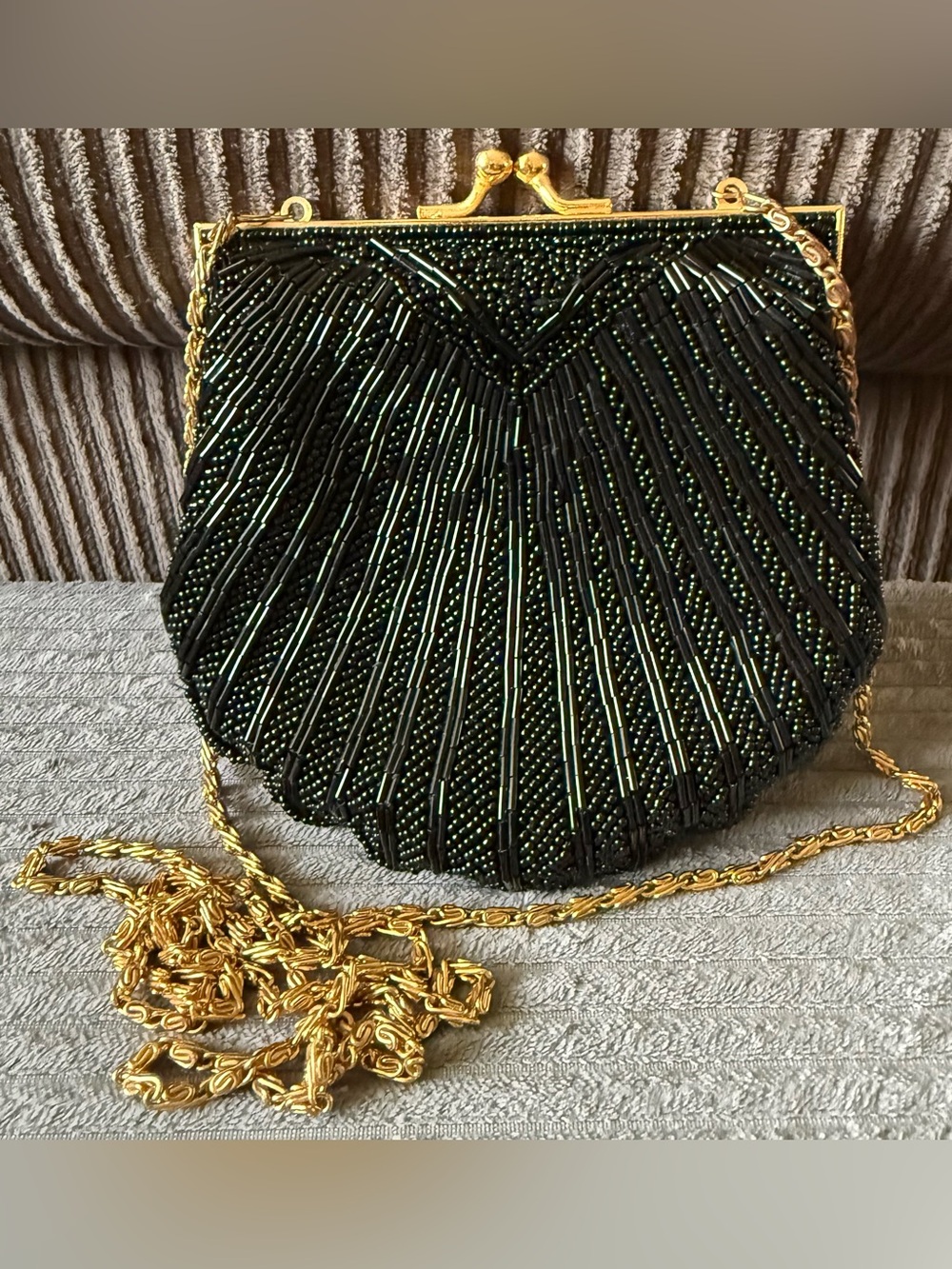 Valerie Stevens Black Beaded Evening Clutch with Gold Chain Bag Purse Shell Seed